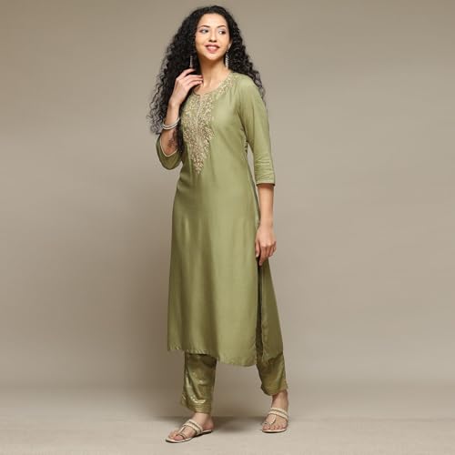 BIBA Women's Sap Green Rayon Straight Kurta Palazzo 2 Piece Set_44
