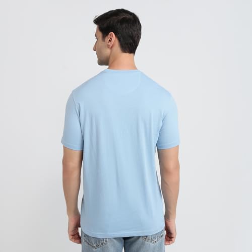 Raymond Men Regular Fit Solid Pattern Pure Cotton Crew Neck Half Sleeve Casual T-Shirt Medium Blue