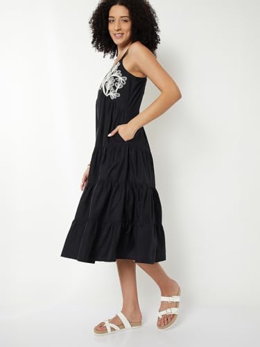 Max Women Embroidered Tiered Midi Dress (Black_S)