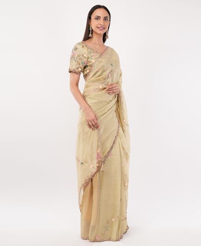 Gaon Originals Hand-Embroidered Silk Saree in Pastel Beige – 5.5m