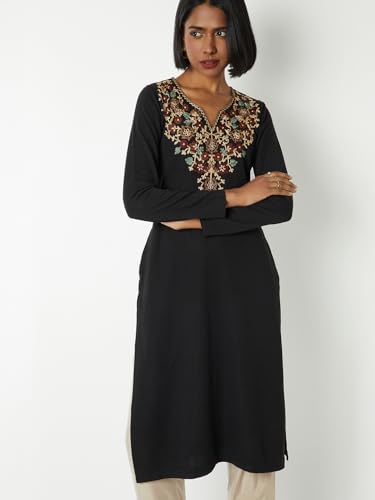 Max Women Knit Straight Winter Kurta(Black_XL)