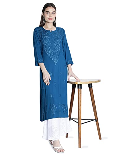 Seva Chikan Hand Embroidered Turquiose Blue Cotton Blend Lucknowi Chikankari Women's Kurta Kurti -(4114_ Turquiose Blue_2XL)