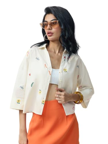 The Souled Store Dragonfly Women and Girls Three-Quarter Sleeves Collared Off White Embroidered Cotton Oversized Fit Breathable Lightweight Shirt for Casual Streetwear