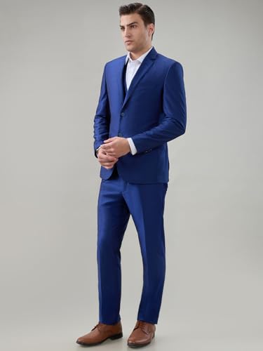 Park Avenue Men Super Slim Fit Structure Pattern Terelyne Rayon Blend Notch Lapel Full Sleeve Formal Suit Blue