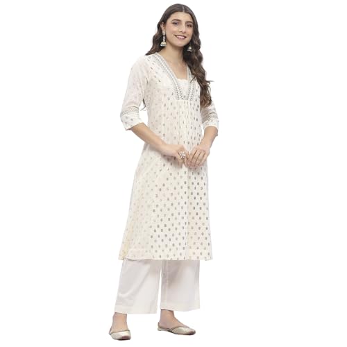 BIBA Women Off-White Cotton Printed Gathered Suit Set_46