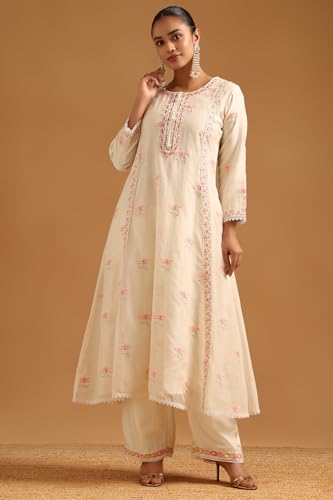 Soch Womens Cream Mul Chanderi Floral Salwar Suit With Thread Work