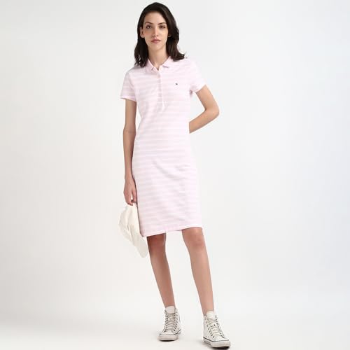 Tommy Hilfiger Women Pink Striped Cotton Short Sleeve Dress