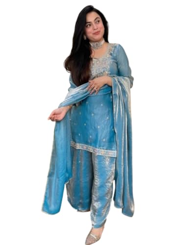Women's Blue Silk Blend Straight Kurta Set With Dupatta And Palazzo