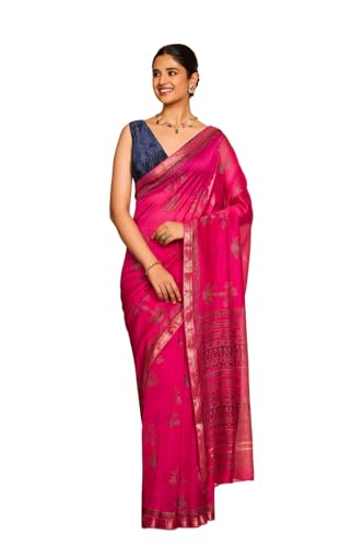 Taneira Women Pink Rajasthan Pure Silk Cotton Printed Sanganeri Saree with Unstitched Blouse Piece (SAPP01AC6734-Pink)