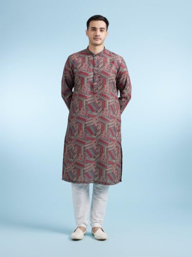 DIWAS BY MANYAVAR Men's Cotton Blend Abstract Prints Casual Kurta Pyjama Set (Orange,XL)