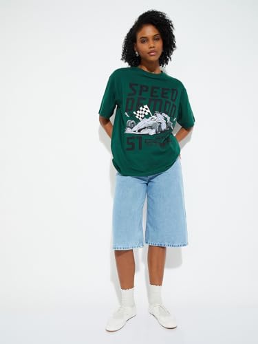 Max URB_N Women Printed Oversized T-Shirt (Green_L)