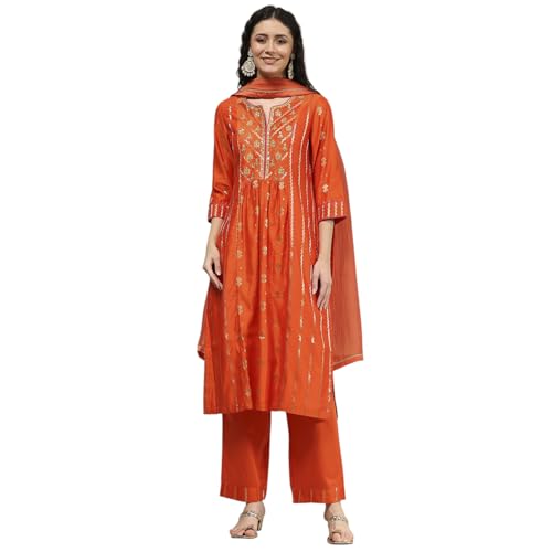 Biba Women's Orange Silk Straight Yarndyed Suit Set