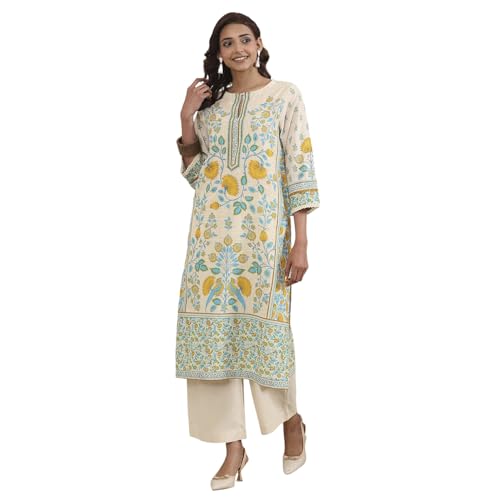 Biba Women Off White Cotton Straight Kurta_36