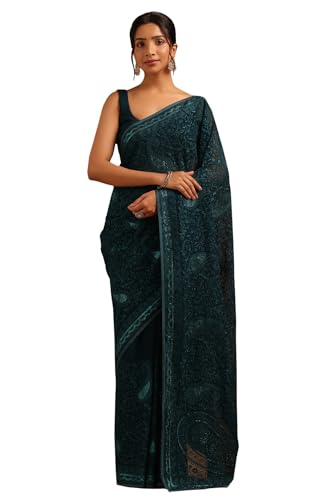 Soch Womens Blue Georgette Paisley Print Saree With Stone Work