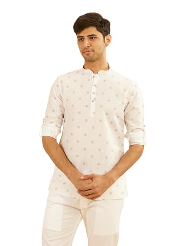 Manyavar Men's Cotton Blend Printed High Neck Short Kurta (White,XXXL)