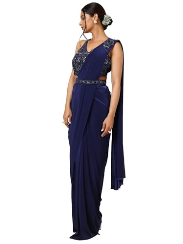 Soch Womens Navy Blue Nylon Blend Ready to Wear Saree With Sequins