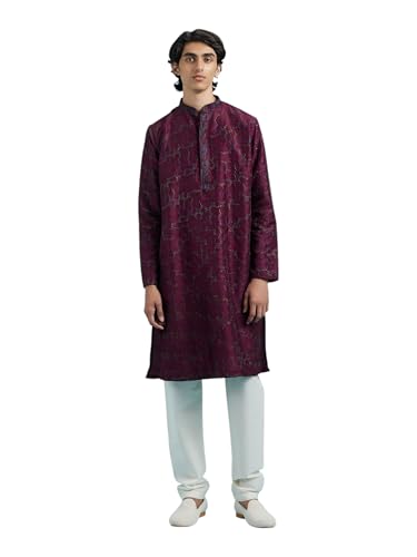 DIWAS BY MANYAVAR Men's Art Silk Self Design Festive Kurta Set (2pc) (Wine, L)