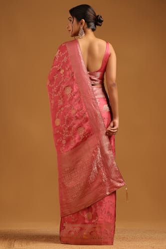 Soch Womens Onion Pink Satin Botanical Saree With Zari Work