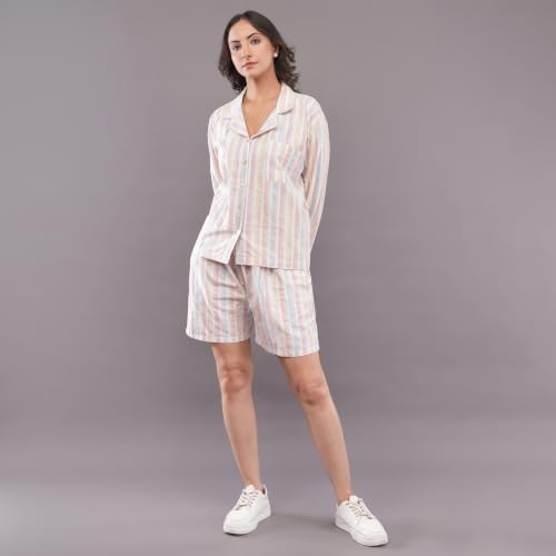 felrio Women's Stripe Lounge Co-Ord Set | Full Sleeve Button-Down Shirt & Matching Shorts Set | Soft Casual Loungewear Nightwear Co-Ord Outfit for Women | White Multi Stripe (XL)