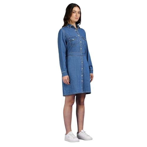 Pepe Jeans Women's Pure Cotton A-Line Maxi Dress (PL953769CA0_Dark Used Wash