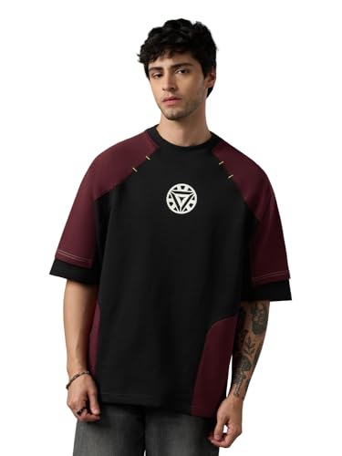 The Souled Store Iron Man: Glow Logo Men and Boys Short Sleeves Round Neck Black Graphic Printed Casual Lightweight Drop Shoulder Streetwear Trendy Oversized T-Shirt