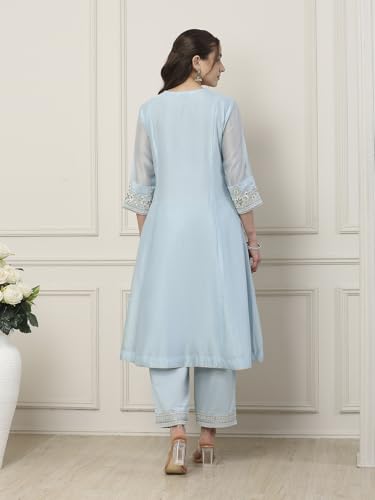 BIBA Women Blue Silk Chanderi Kalidar Suit Set_32