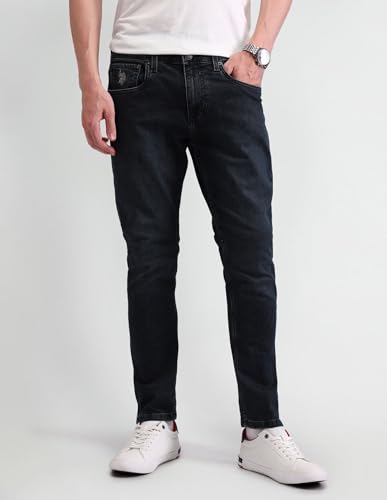 US Polo Association Men's Blue Solid Mid Rise Light Button Slim Jeans (UDJEN1369_Blue_32)