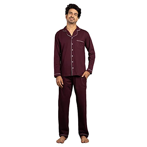 NITE FLITE Sangria Wine Mens Cotton Nightwear Full Sleeve | Top and Pyjama Set (Sangria Wine, XL)