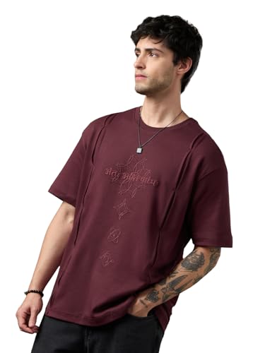 The Souled Store Desi Drop: Antah Asti Prarambha Men and Boys Short Sleeve Round Neck Burgundy Embroidered Casual Lightweight Drop Shoulder Streetwear Trendy Cotton Oversized T-Shirt