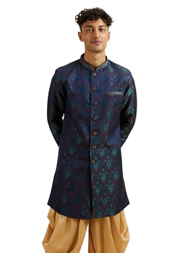 Manyavar Men's Art Silk Jacquard Embroidered Kurta Set (Blue,XXL)