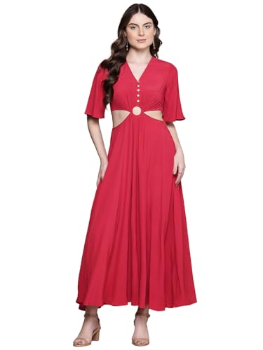 Label RITU KUMAR V Neck Solid Long Dress Red