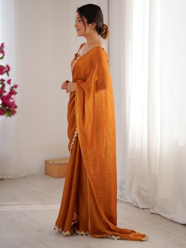 AKHILAM Women's Orange Chiffon Embellished Saree With Unstitched Blouse Piece (FNPATTI1004_AB)