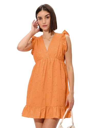 The Souled Store Cutwork Dress: Orange Women and Girls V Neck Sleeveless Cotton Mini Dresses