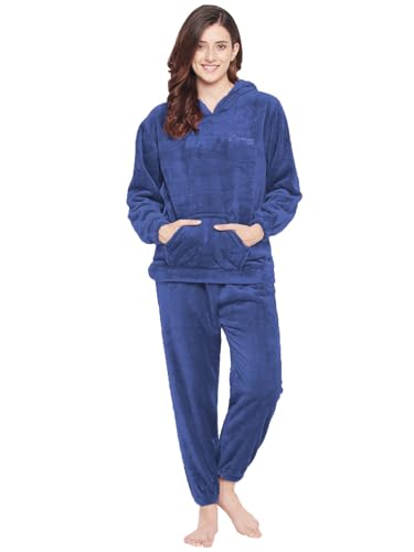 CAMEY Women Winter Full Sleeve Top and Pajama Pants Regular Fit Night Suit Hooded Top and Pyjama Set Ladies Night Dress (X-Large, D.Blue)