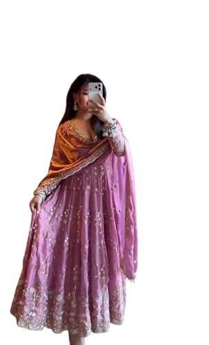 Women's Gown | Embroidery Work | Embroidered Heavy Fandy Silk Outfit | Designer Embroidered Dress with Dupatta || Long Sleeve Gowns (in, Alpha, M, Regular, Women, Light Purple)