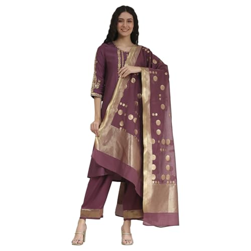 Biba Women's Blended Kurta Set (SKDASRTFES30458AW25OLDRS_Old Rose