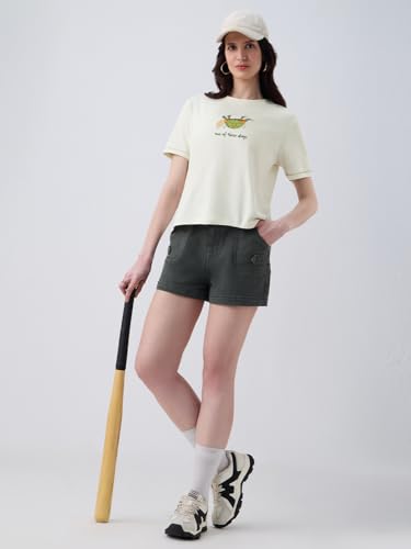 The Souled Store Pets On Prints: Women and Girls Short Sleeves Round Neck Off-White Embroidered Cotton Relaxed Fit Lightweight Everyday Streetwear T-Shirt