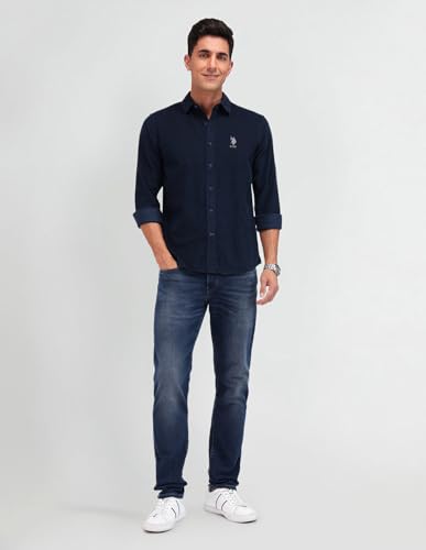 U.S. POLO ASSN. DENIM CO. Slim Fit Dobby Shirt (UDSHT1383_Navy_44)