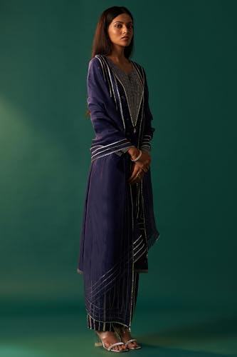 Wishful Women's Blue Heavy Embroidered Straight Festive Tissue Kurta with Culotte and Dupatta Set (SP12856-401190-2XL)