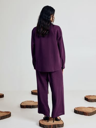 FIORRA Women’s Wine Linen-Blend Loose Relaxed Fit Co-Ord Set SET0215