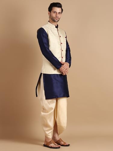 Uri and MacKenzie Men Kurta Dhoti with Waistcoat Jacket Blue Golden