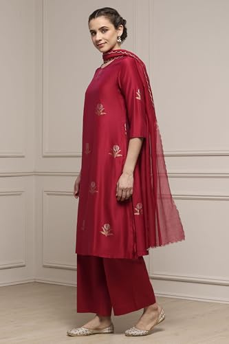 Biba Women Red Chanderi Relaxed Dyed Kurta Pants Set_34