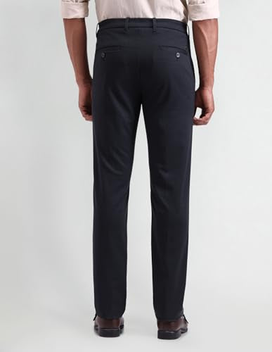 Arrow New York Men's Blue Self-Design Mid Rise Polyester Button Slim Fit Flat Front Slant Pocket Trousers (ANAITR2272_Blue_40)