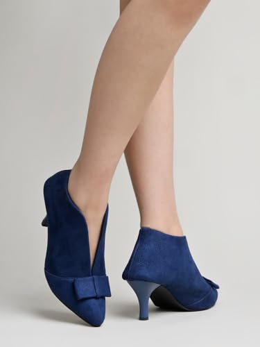 Shoetopia Women's BlueSuede Ankle Boot Heels – Pointed Toe with Bow Detail, Stylish & Comfortable Shoes EU37