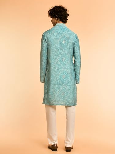 DIWAS BY MANYAVAR Men's Viscose Bandhani Print | Embroidered Neck Kurta Set (Turquoise Blue,XL)