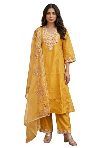 W for Woman Yellow Floral Embroidered Straight Kurta with Pant and Dupatta Set - (WS13092-224075-M)