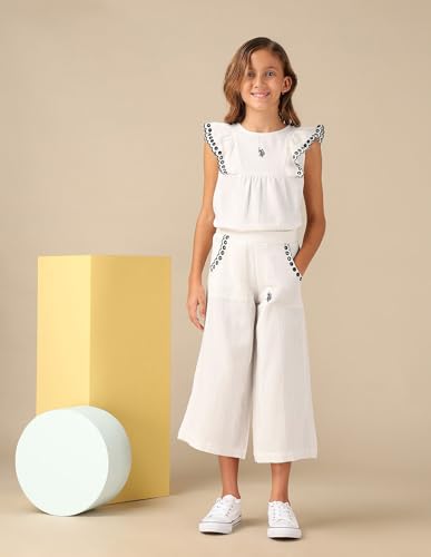 U.S. POLO ASSN. Girls Wide Leg Embroidered Trousers (UGTRO0022_Ecru_8-9Y)