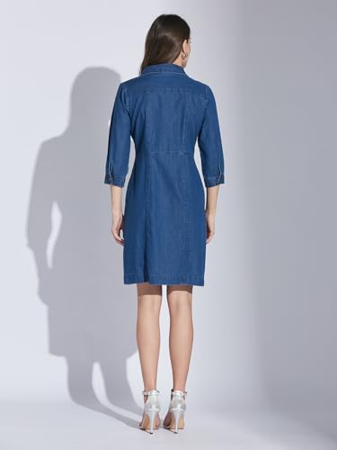 Latin Quarters Women Blue 3/4Th Sleeve Collared Solid Casual Dress_XL