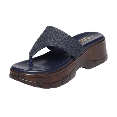 MONROW Fancy and Stylish Wedges Extra Cushioning and Comfortable Fashionable Light Weight Allday Wear Vegan Wedge Heels for Women and Girls Navy Blue 5UK