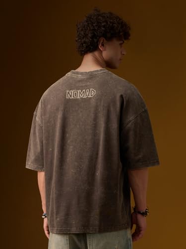 The Souled Store Nomad: Sandstorm Men and Boys Short Sleeves Round Neck Dark Brown Embroidered Tribal Casual Drop Shoulder Streetwear Trendy Super Oversized T-Shirt